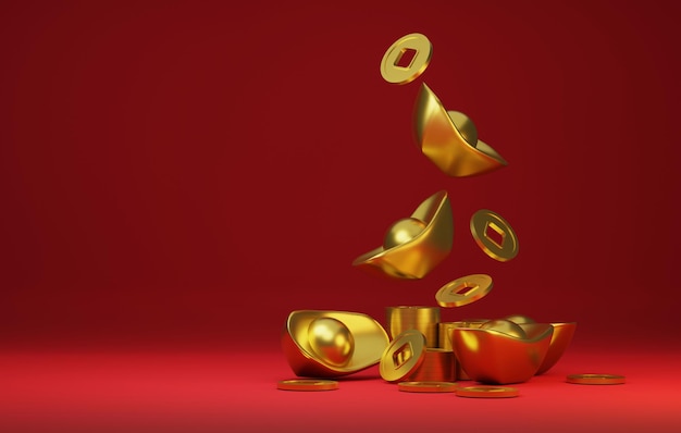 Gold ingots and ancient Chinese gold coins falling on the red background
