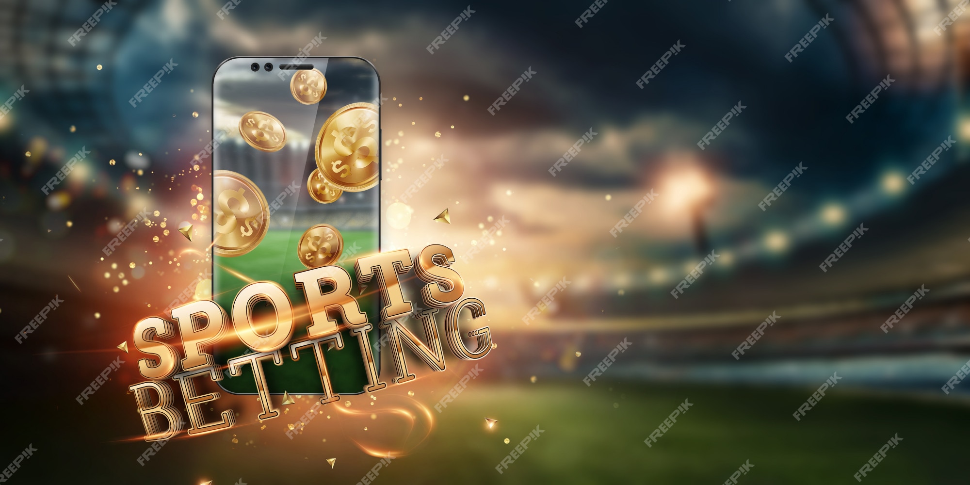 Золотая надпись sports betting на смартфоне на фоне стадиона. | Премиум Фото