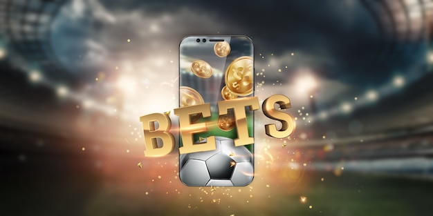 Iscrizione in oro scommesse sportive su uno smartphone sullo sfondo dello stadio.