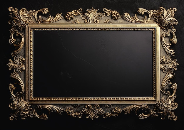 Photo gold intricate ornament frame on black background