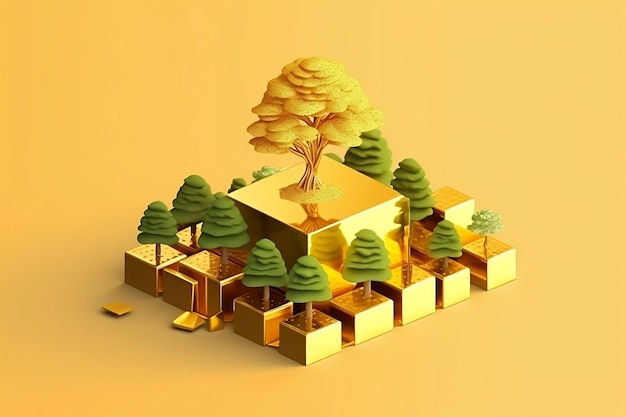 gold investment concept with gold bar stack and tree 3d isometric view graphic generative AI