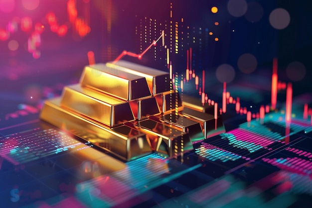 Gold investment outlook Illustration of gold bars on stock data hologram