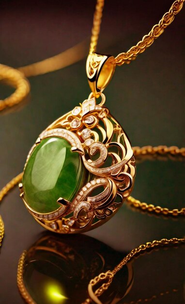 gold jewelry golden necklace with a green nephritis pendant woman necklace