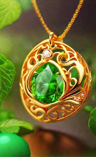 gold jewelry golden ring with a green nephritis pendant white background