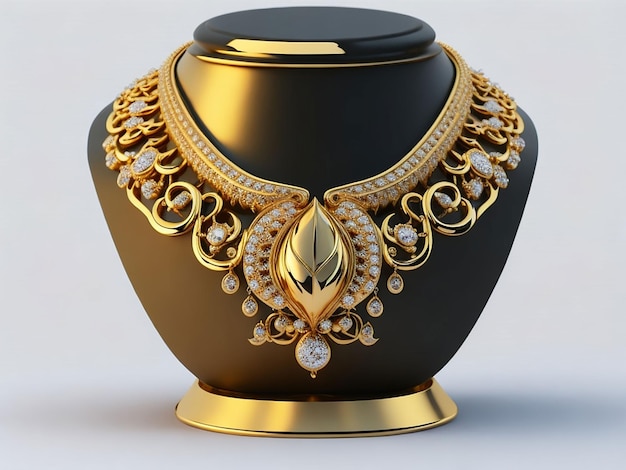 Gold jewelry necklace design on jewelry stand neck