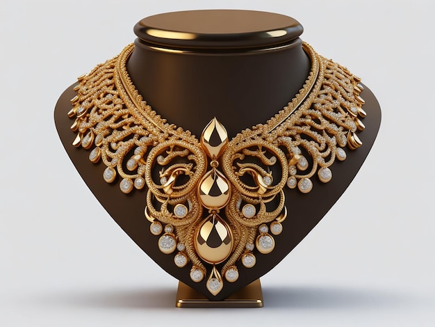 Gold jewelry necklace design on jewelry stand neck