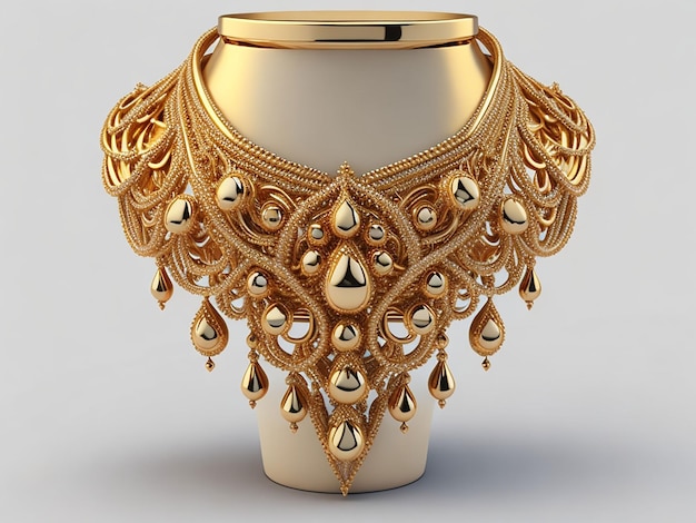 Gold jewelry necklace design on jewelry stand neck