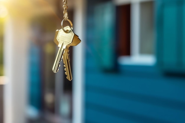 A gold key hangs from a chain in front of a house.