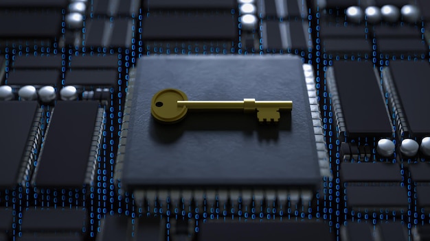 the gold key on mother board for security technology concept 3d renderingxa