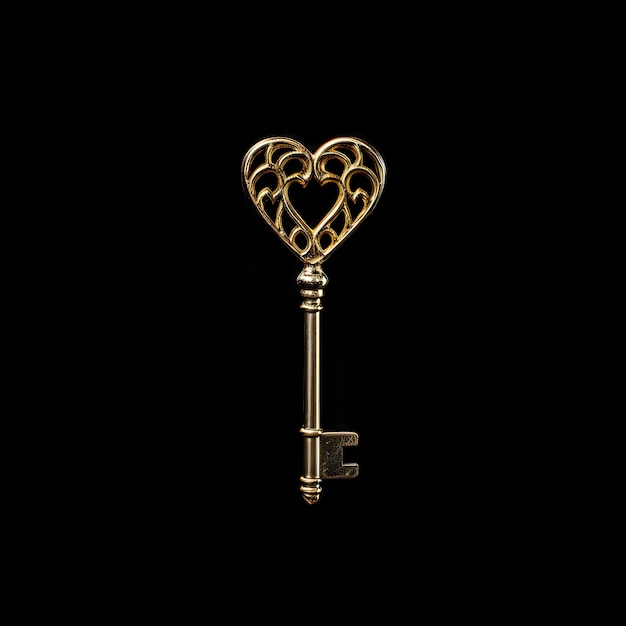 Gold key in the shape of a heart Black background Heart as a symbol of affection and love