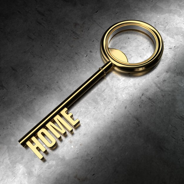 Gold Key with Home Word on Metal Background. 3d Rendering Illustration.