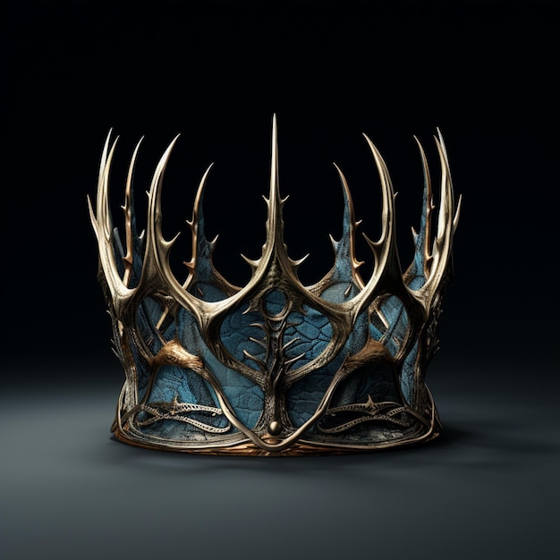 A gold king's crown isolated against a white background in the style of dark turquoise and indigo patricia piccinini
