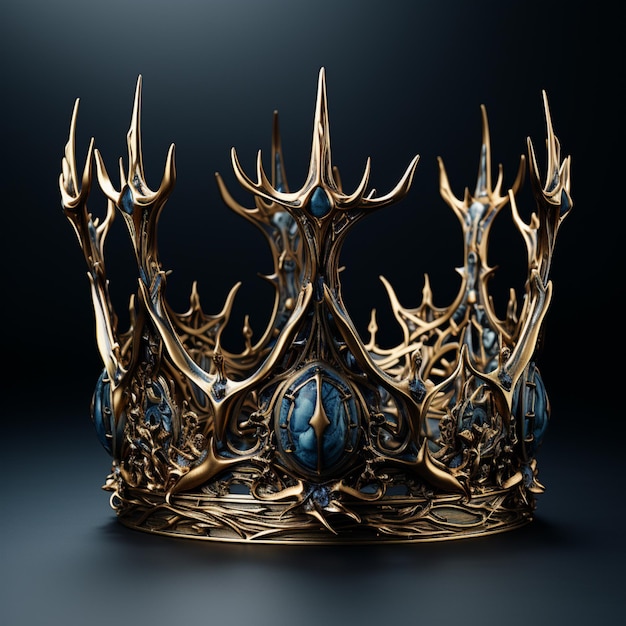 A gold king's crown isolated against a white background in the style of dark turquoise and indigo patricia piccinini