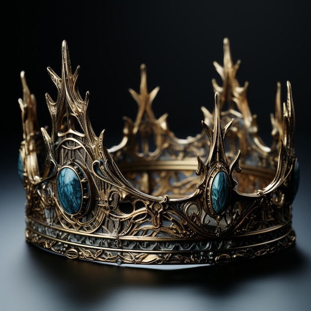 A gold king's crown isolated against a white background in the style of dark turquoise and indigo patricia piccinini