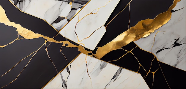 Gold kintsugi crack pattern on black white color background Golden texture Broken marble luxury s