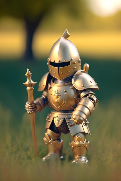 A gold knight with a spear in his hand.