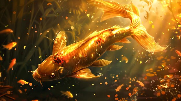 Фото Золотая рыба-кой на реалистичной и очень подробной иллюстрации воды