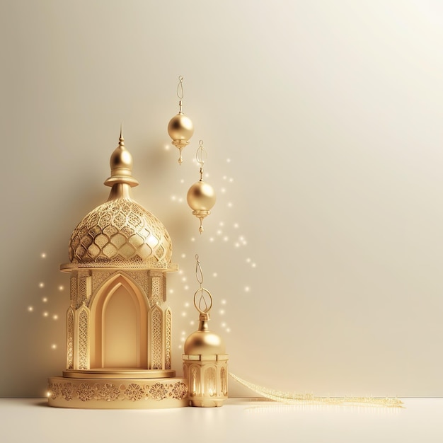 A gold lamp with a mosque on it