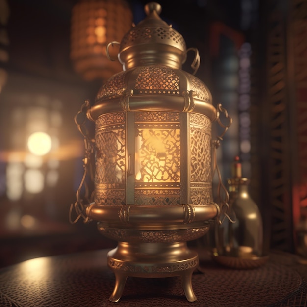 A gold lantern sits on a table in a dark room.