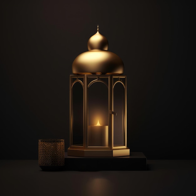 A gold lantern with a candle on it