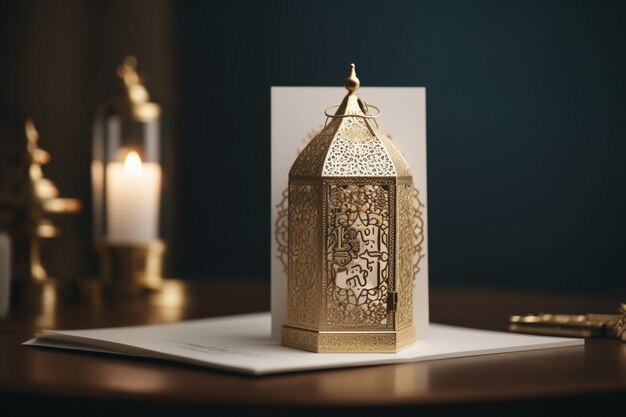 A gold lantern with a candle on it.