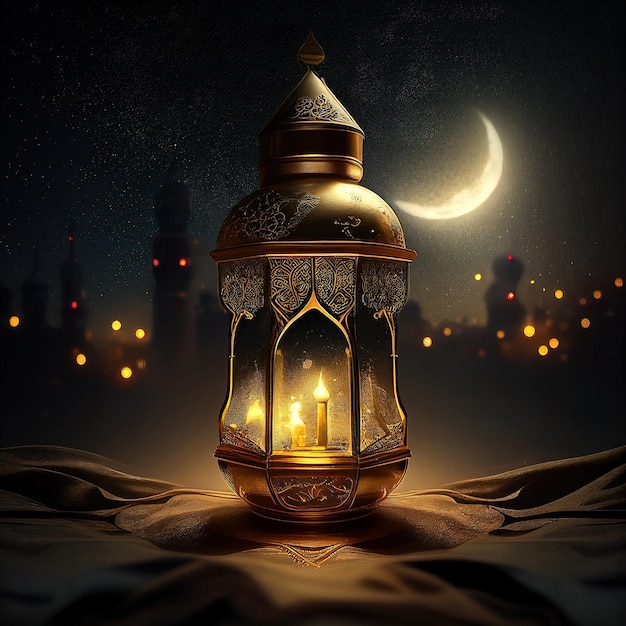 A gold lantern with a lit candle in front of a night sky.