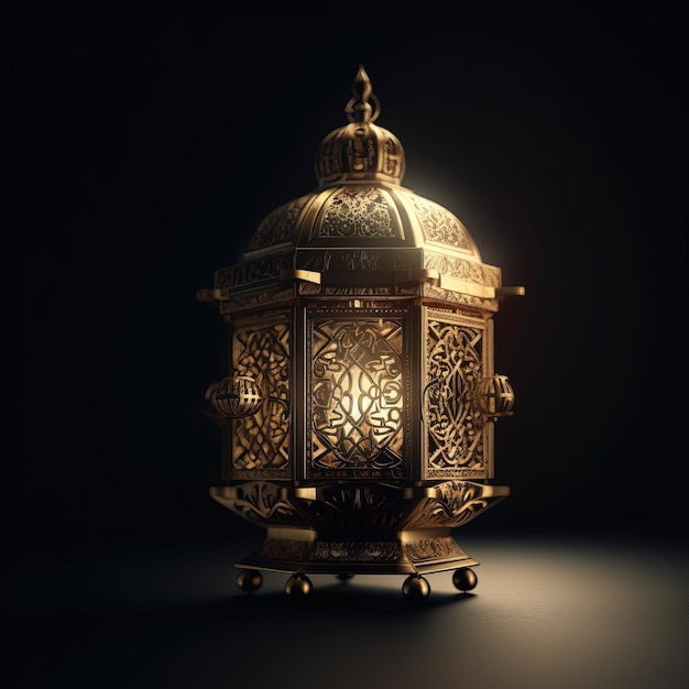 A gold lantern with the word ramadan on it