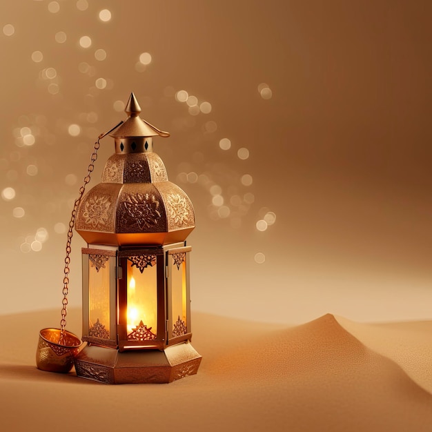 A gold lantern with the word ramadan on it