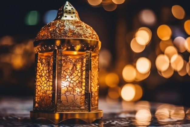 A gold lantern with the words ramadan on it