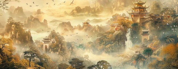 Foto effetti extra a foglia d'oro con dipinti tradizionali cinesi di paesaggi