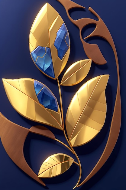 A gold leaf with a blue background and a flower that says blue sapphire