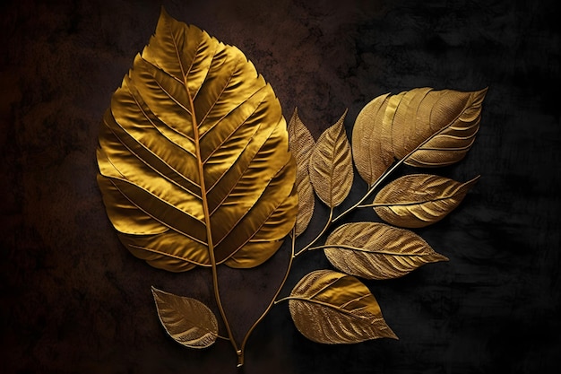 A gold leaf with leaves on it is on a dark background.