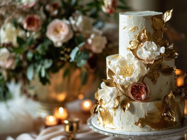 the gold leafy wedding cake is shown on a table