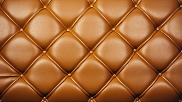 Gold leather upholstery with a closeup texture of genuine leather featuring brown rhombic stitching creating a luxurious background