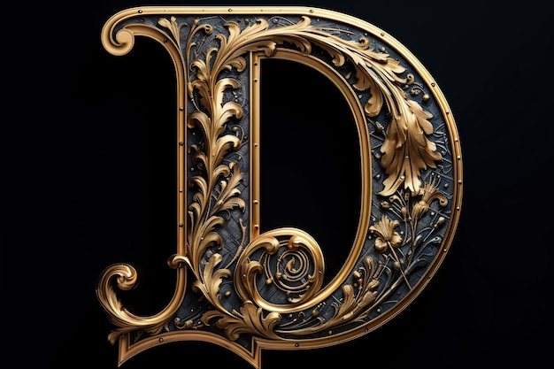 a gold letter d that is on a black background