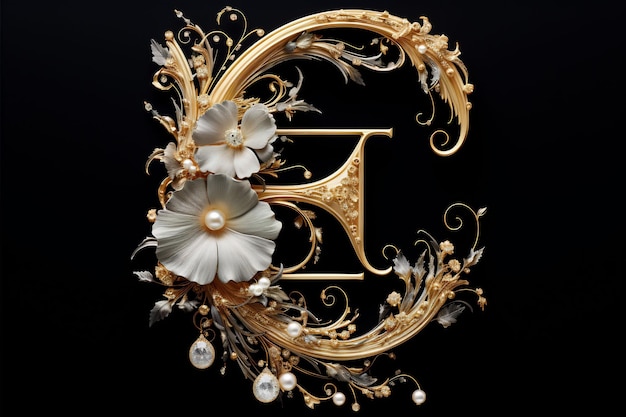 a gold letter e is decorated with flowers and crystals