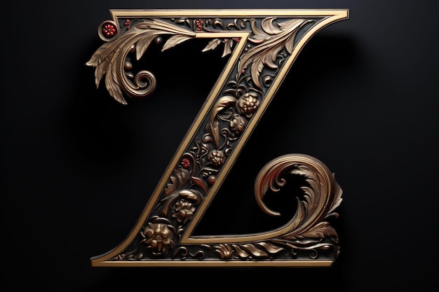 a gold letter e is engraved with a red and gold design