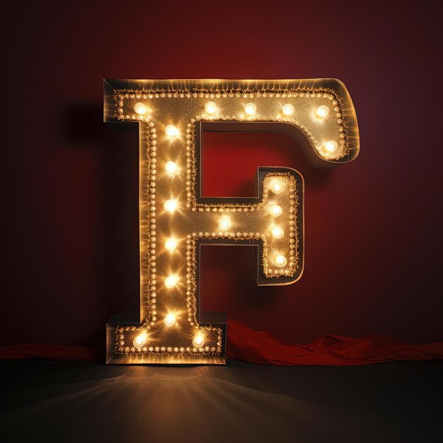 Photo a gold letter f with lights on a red curtain