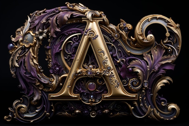 a gold letter a is on a purple and purple piece of art