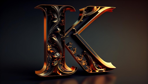 A gold letter k with a floral pattern.