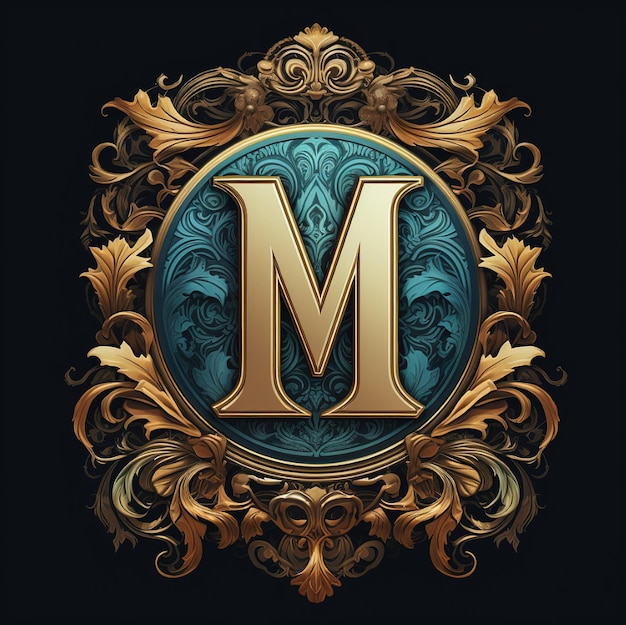 a gold letter m is in a circle with a green design.