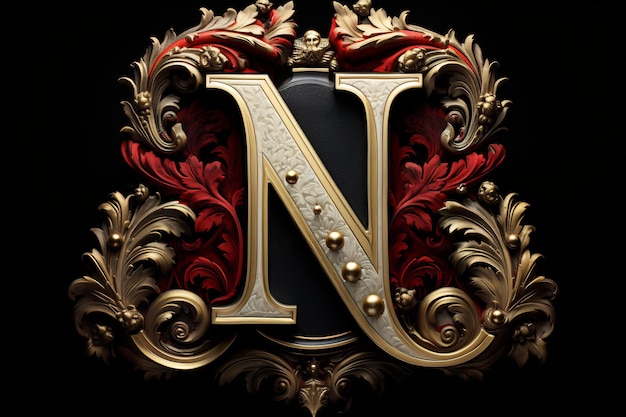 a gold letter n is shown in a gold and red ornate design