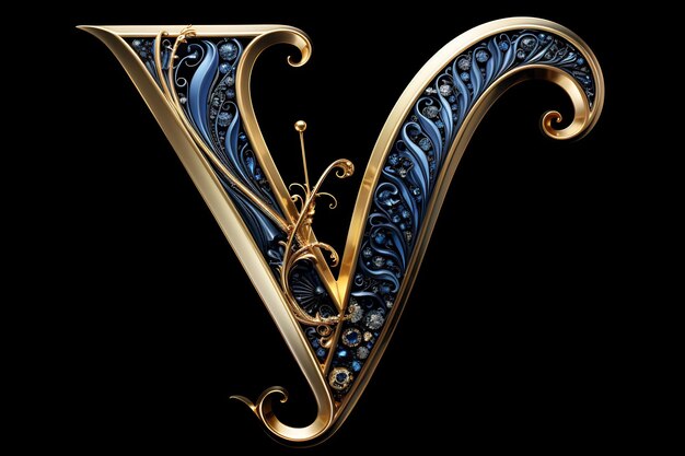 a gold letter v that is on a black background