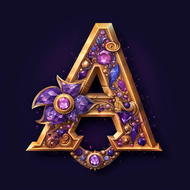 a gold letter with purple jewels and gold leaves generative ai