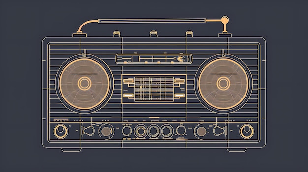 Gold linear illustration of a retro boombox isolated on a dark background