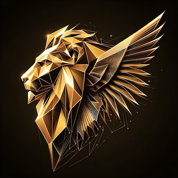 Gold lion head with wings on a dark background Vector illustration