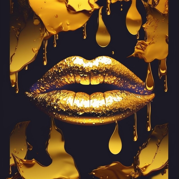 A gold lips with a black background and a drop of liquid.