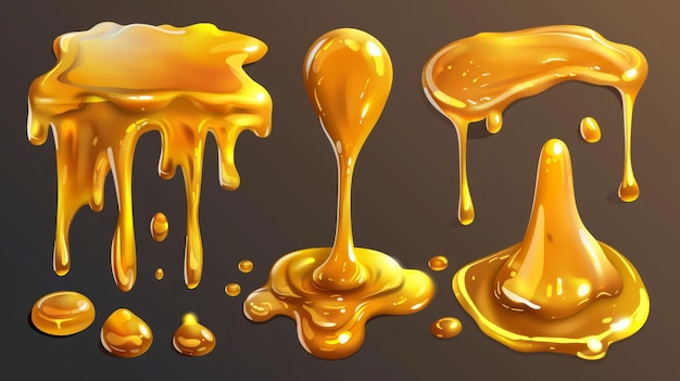 Gold liquid honey drips and flows on transparent background Realistic modern set of yellow syrup drops oil splashes sticky caramel or sweet orange cream