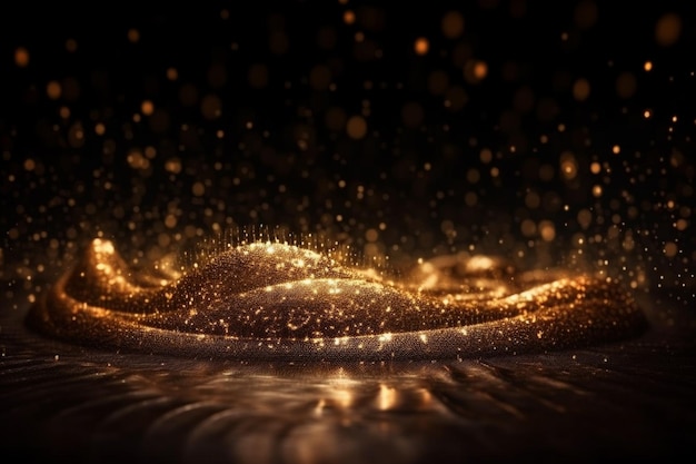 A gold liquid is poured into a black background.