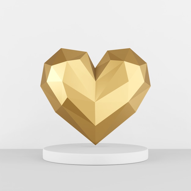 Gold low poly heart icon on a white pedestal. 3D rendering,